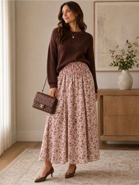 Tuckernuck Floral Smocked Midi Skirt Smoked Rose Ivory Size Small NWT
